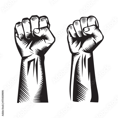wo raised fists in black and white vintage woodcut or engraving style
