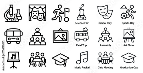 School event line icons set – outline, linear, education and activity symbols