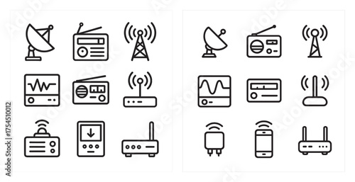 Communication and media icons set – outline, linear, broadcast and signal symbols