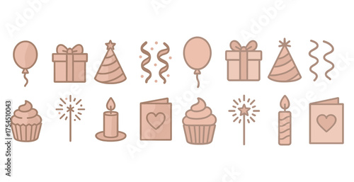Celebration and party outline icons set – festive, linear, event planning graphics