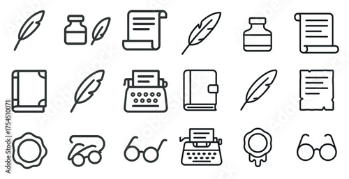 Writing and publishing outline icons set – linear, book, author and typewriter symbols