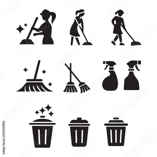 Silhouette set of maid cleaning service icons, tools, and trash cans