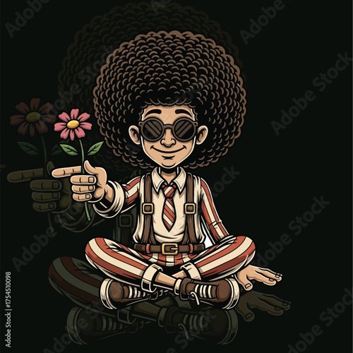 Whimsical Retro Character Embracing Peace and Love with Flowers, Illustrated in a Groovy Vintage Style Featuring an Iconic Afro Hairstyle and Stylish Sunglasses, Radiating Positive Vibes