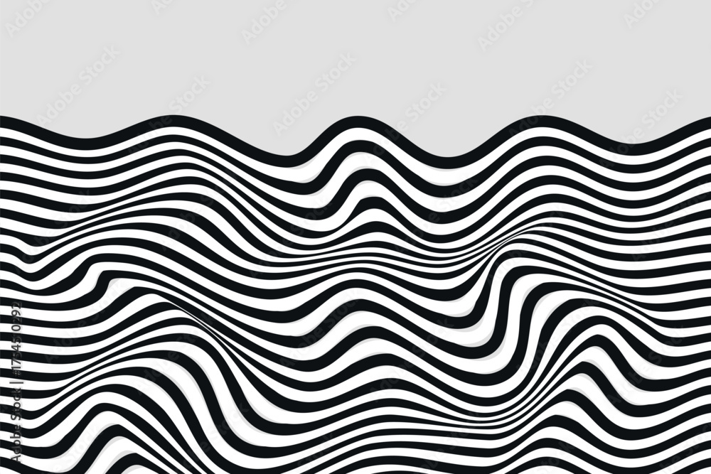 Obraz premium Abstract vector 3D lines background, black and white curves linear perspective dimensional terrain optical pattern