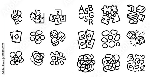 Educational games outline icons set – linear, learning, educational symbols