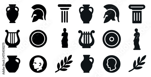 Ancient greece silhouette icons set – history, culture, classical symbols