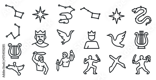 Astrology and mythology line icons set – flat, outline, zodiac and celestial symbols