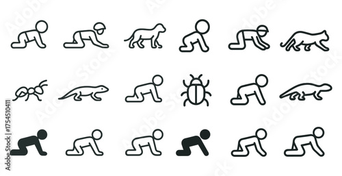 Animal behavior outline icons set – linear, wildlife, behavior symbols