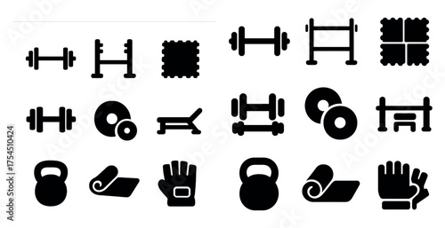 Fitness and gym solid icons set – weights, workout essentials, strength training symbols