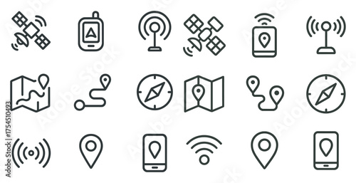 Navigation and gps icons set – outline, linear, map and location symbols
