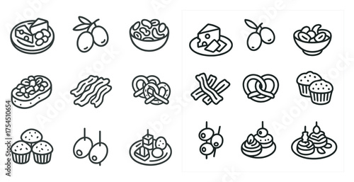 Food and snack icons set in outline style – line, culinary, kitchen symbols
