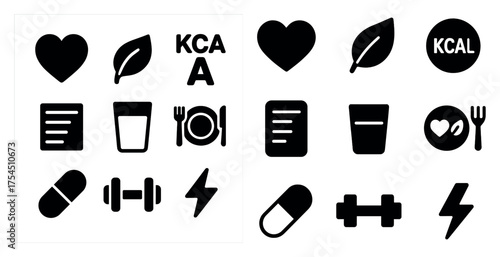 Healthy lifestyle solid icons set – fitness, nutrition, wellness symbols