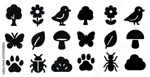 Nature and wildlife silhouette icons set – solid, filled, outdoor and eco symbols