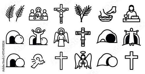 Easter and christian outline icons set – religious, faith and spirituality symbols