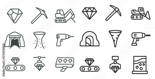 Mining and construction outline icons set – solid, tools, industrial symbols