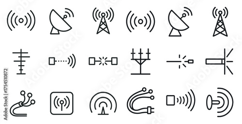 Signal and communication line icons set – sleek, outline, wireless and broadcast symbols