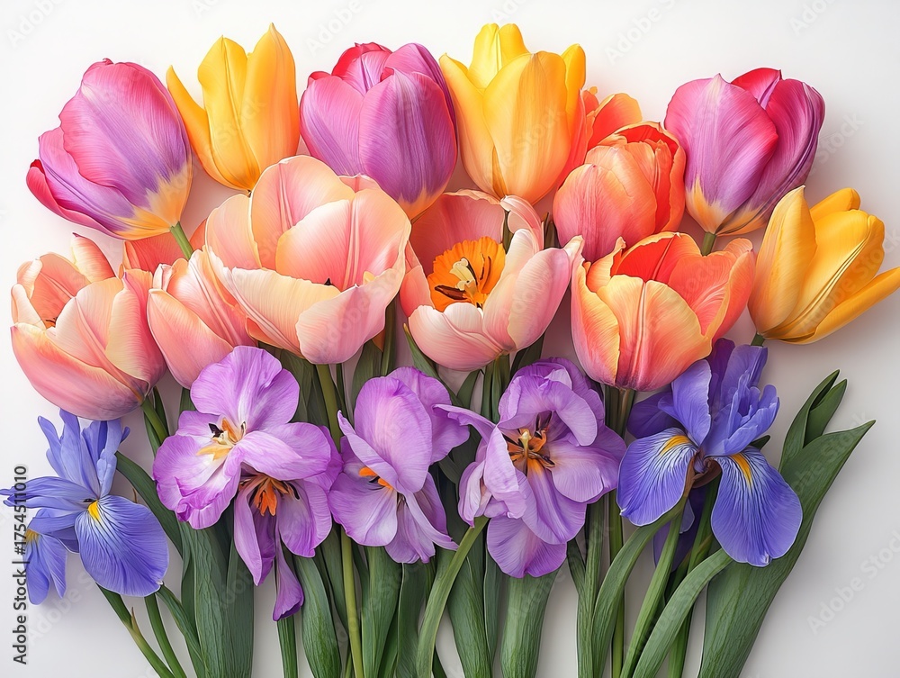 Naklejka premium Colorful Spring Floral Display: A Beautiful Collection of Vivid Tulips, Elegant Blue Irises, and Soft Purple Crocuses, Showcasing Nature's Palette Against a Bright White Backdrop.