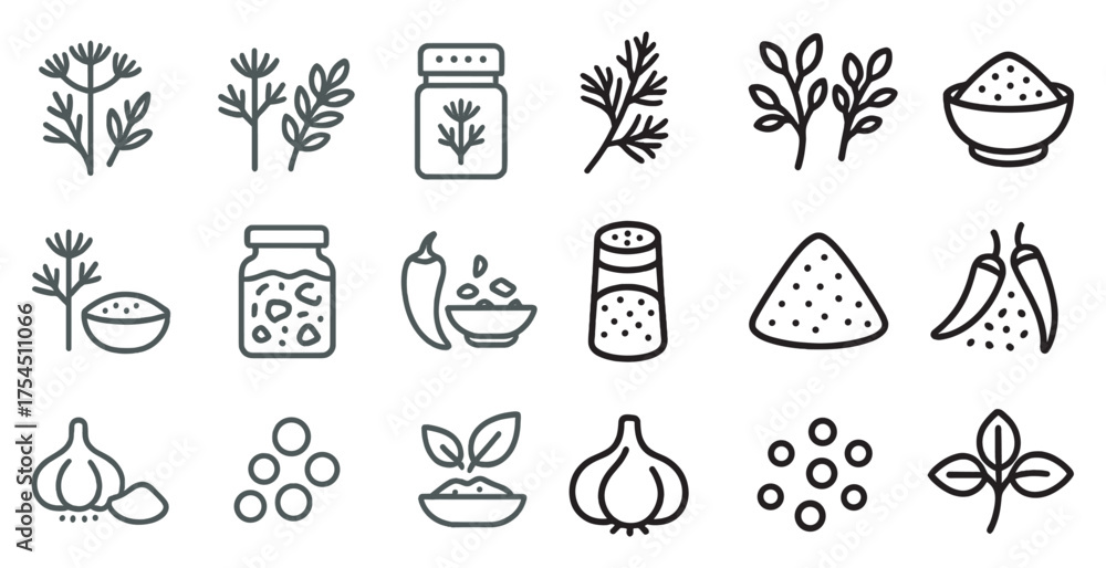 Fototapeta premium Herbs and spices line icons set – outline, culinary, seasoning symbols for kitchens