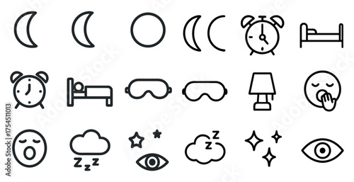 Sleep and relaxation icons set – line, outline, bedtime and nap symbols