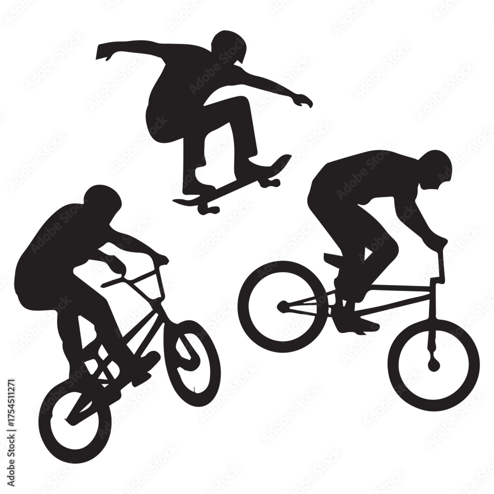 Fototapeta premium Isolated extreme sports silhouettes. Skateboarder and BMX riders performing jumps and tricks vector set.