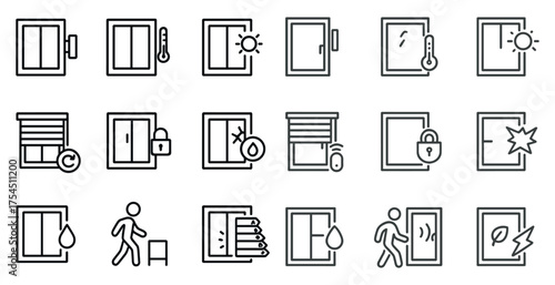 Window and glass outline icons set – linear, transparent, door and security symbols