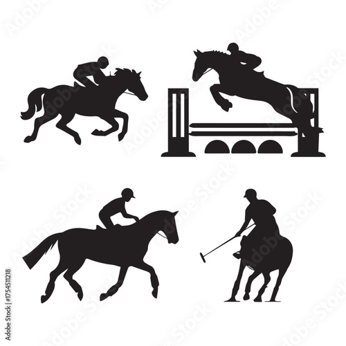 Equestrian sports silhouettes set. Horse riding, show jumping, dressage, and polo vector illustration.