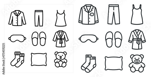 Sleepwear and bedroom outline icons set – linear, nightwear, bedtime symbols