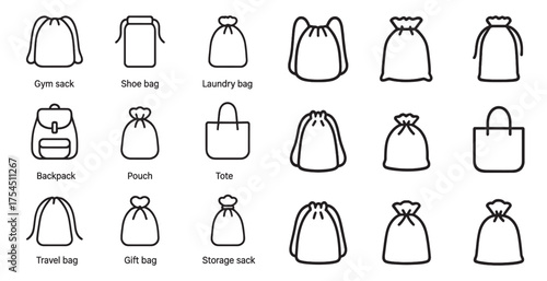 Bag and sack outline icons set – gym, storage, travel and tote illustrations