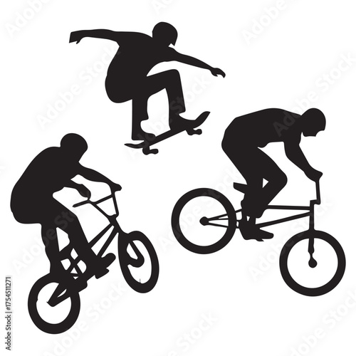 Isolated extreme sports silhouettes. Skateboarder and BMX riders performing jumps and tricks vector set.