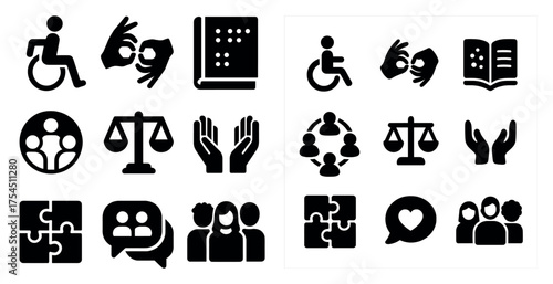 Accessibility and inclusion solid icons set – filled, symbolizing universal design
