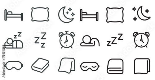Sleep and relaxation icons set – outline, linear, bedtime and slumber symbols