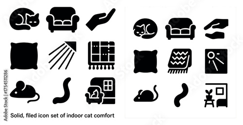 Indoor cat comfort icons set – solid, filled, pet coziness symbols