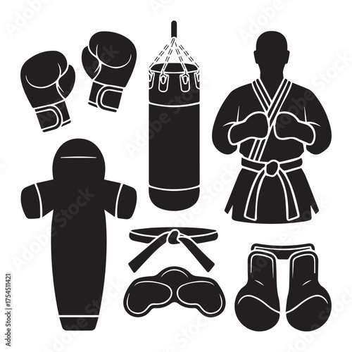 Martial arts and boxing equipment silhouette set. Karate fighter, gloves, and punching bag vector illustration.