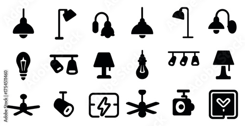 Home lighting solid icons set – flat, filled, lamps and ceiling fixtures symbols