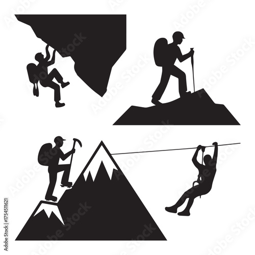 Mountain adventure silhouettes set. Climbing, hiking, trekking, and zipline vector illustration.