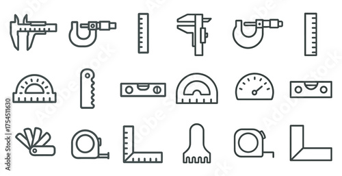 Measurement and tools icons set – outline, linear, precision and engineering symbols