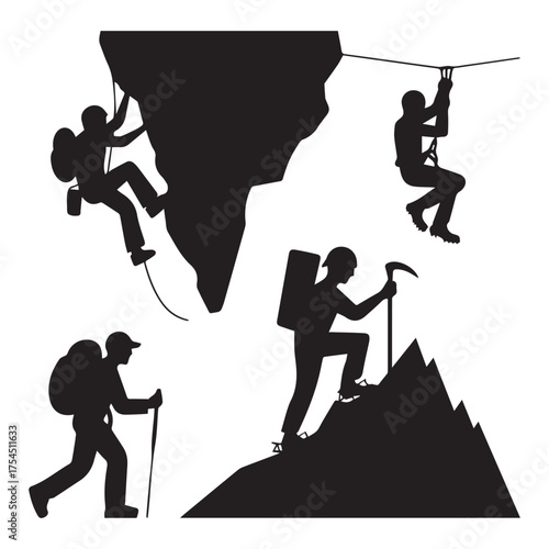 Mountain adventure silhouettes set. Climbing, hiking, trekking, and zipline vector illustration.