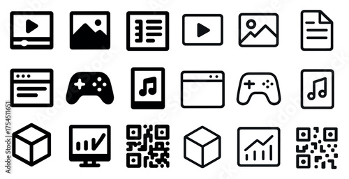 Tech and gaming solid icons set – modern, filled, digital and multimedia symbols