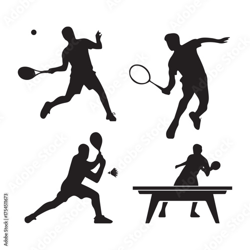 Racket sports silhouettes set. Tennis, badminton, and table tennis players vector illustration.