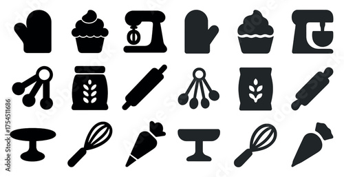 Baking essentials silhouette icons set – cooking tools, kitchen utensils symbols