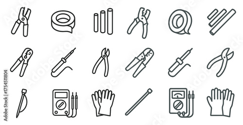 Electrical tools line icons set – outline, flat, electrician and repair symbols