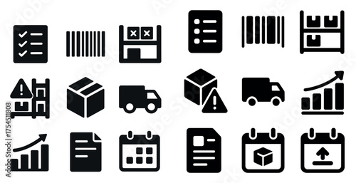 Warehouse and inventory solid icons set – flat, filled, logistics and stock management tools