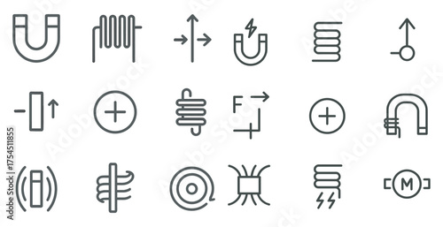 Magnetism and forces outline icons set – linear, physics and scientific symbols