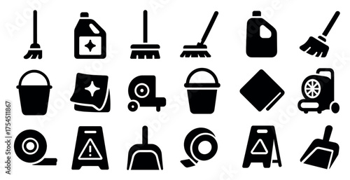 Cleaning tools solid icons set – equipment, supplies, janitorial symbols