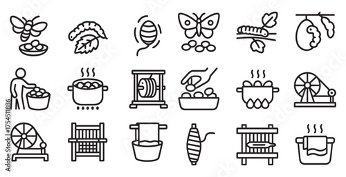 Silk production outline icons set – weaving, cocoon, textile industry symbols