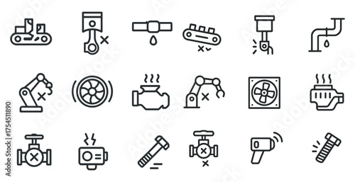 Industrial machinery outline icons set – tools, mechanical, equipment symbols