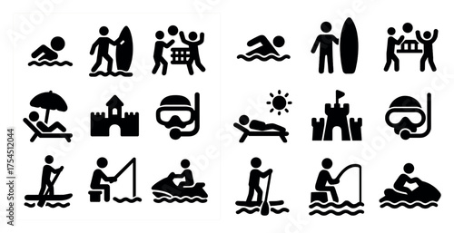 Beach and surf silhouette icons set – solid, swimming, sandcastle symbols