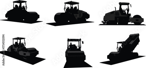 Silhouette vector illustration of road construction machinery, asphalt rollers, and dump trucks operated by workers, heavy equipment for pavement, maintenance, and engineering projects