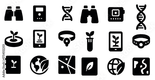 Biotechnology and science solid icons set – research, innovation, lab symbols