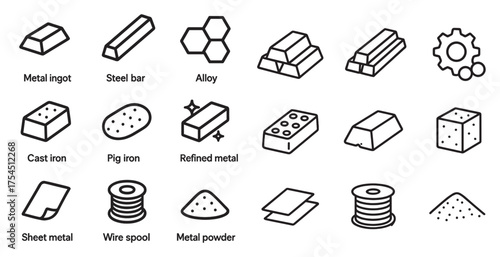 Metals and alloys icons set – outline, linear, industrial symbols collection